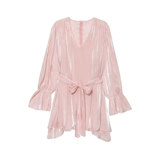 Miraee Paris light pink satin mini dress with long flared sleeves, a V-neckline, and a matching waist tie belt.