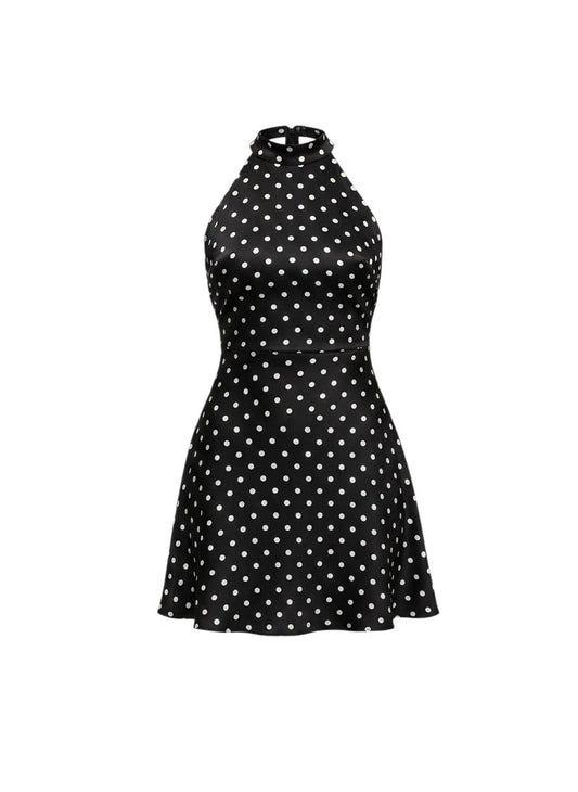 Miraee Paris Margaux polka-dot mini dress in black with a sleeveless halterneck design and a fitted silhouette.