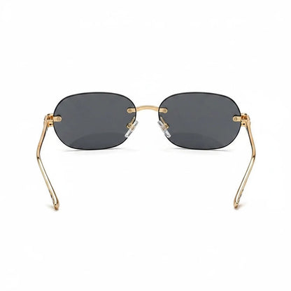 Miraee Paris Noir Panther rimless sunglasses with gold metal frames and dark grey UV400 lenses, rear view.