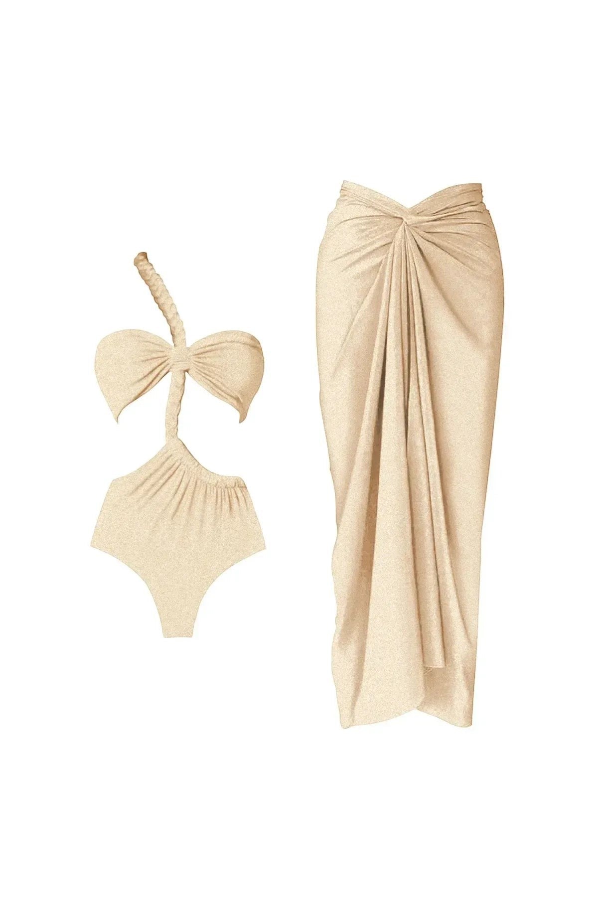 Miraee Paris Sophia one-shoulder bikini set in shimmering gold with matching high-waist bottoms and elegant cover-up