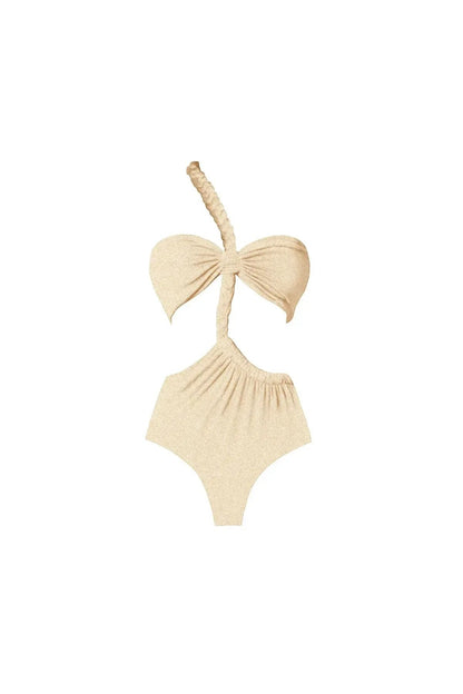 Miraee Paris Sophia one-shoulder bikini in shimmering champagne gold with elegant braided strap and cutout detail.