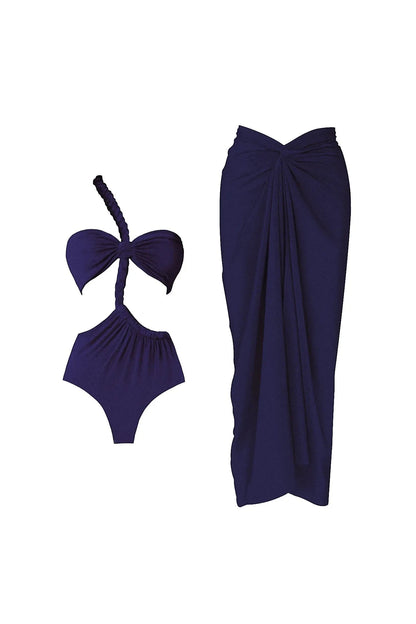 Miraee Paris Sophia one-shoulder bikini set in deep blue with a matching sarong cover-up and elegant ruched details.