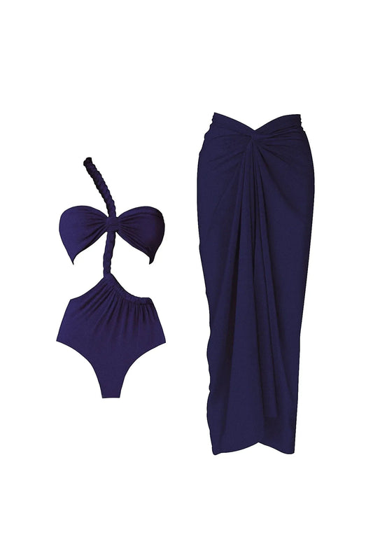 Miraee Paris Sophia one-shoulder bikini set in deep blue with a matching sarong cover-up and elegant ruched details.