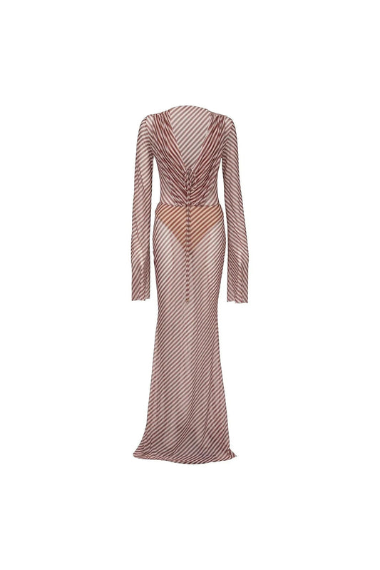 Miraee Paris Luna striped long-sleeve maxi cover-up dress with a sheer, lightweight fabric and drawstring front detail.