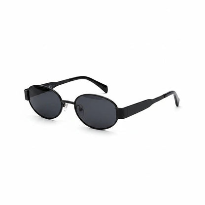 Miraee Paris Vivienne oval sunglasses with a black metal frame and dark tinted lenses for a minimalist look.