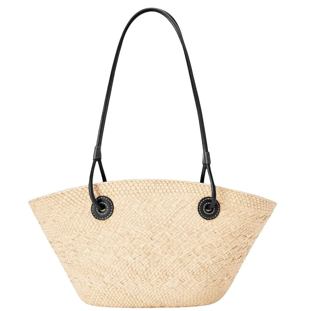 Miraee Paris woven straw shoulder tote handbag with a curved silhouette and black leather straps.