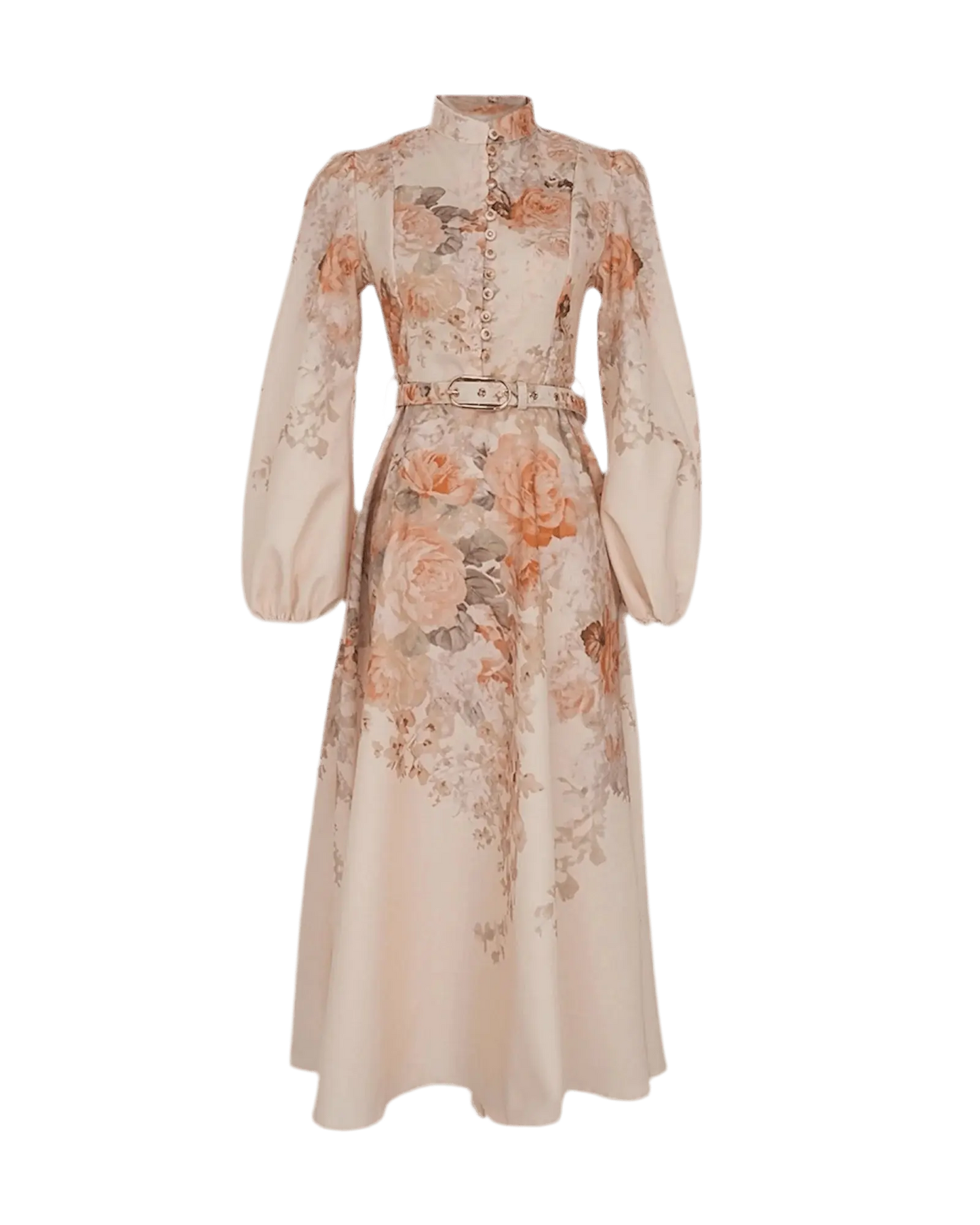 Elegantes Maxikleid mit floralem Print und Puffärmeln von Miraée in zarten Pastell- und Rosétönen.